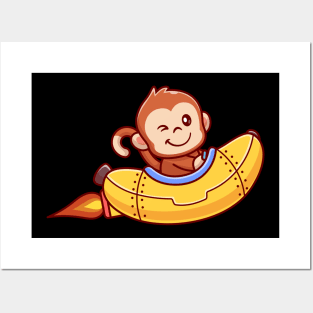 Cute Monkey Riding Banana Rocket Posters and Art